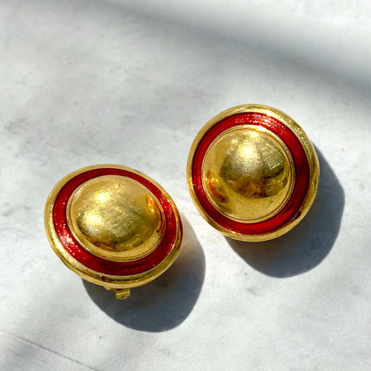 Beautiful round golden earrings red enamel