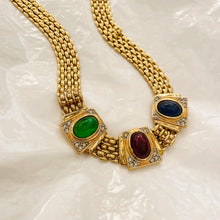 Load image into Gallery viewer, Sublime shiny rice mesh necklace with three cabochons set green red blue