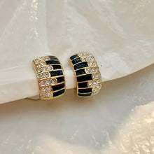 Load image in gallery, Piano black enamel and diamond hoop earrings