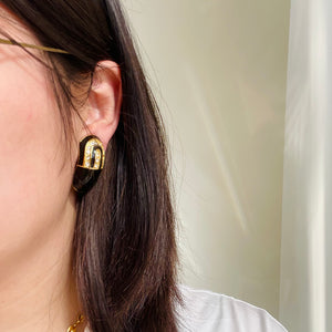 Gold and black enamel small diamond hoop earrings