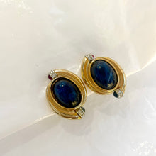Load the image in the gallery, Splendid midnight blue oval cabochon earrings circled you and me