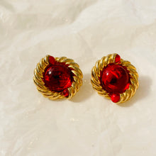 Load the image in the gallery, Sublime round golden earrings with red cabochon