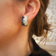 Load image into Gallery viewer, Black enamel and diamond piano hoop earrings