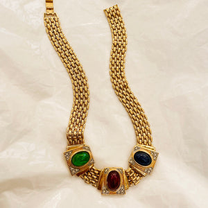 Sublime shiny rice mesh necklace three cabochons set green red blue