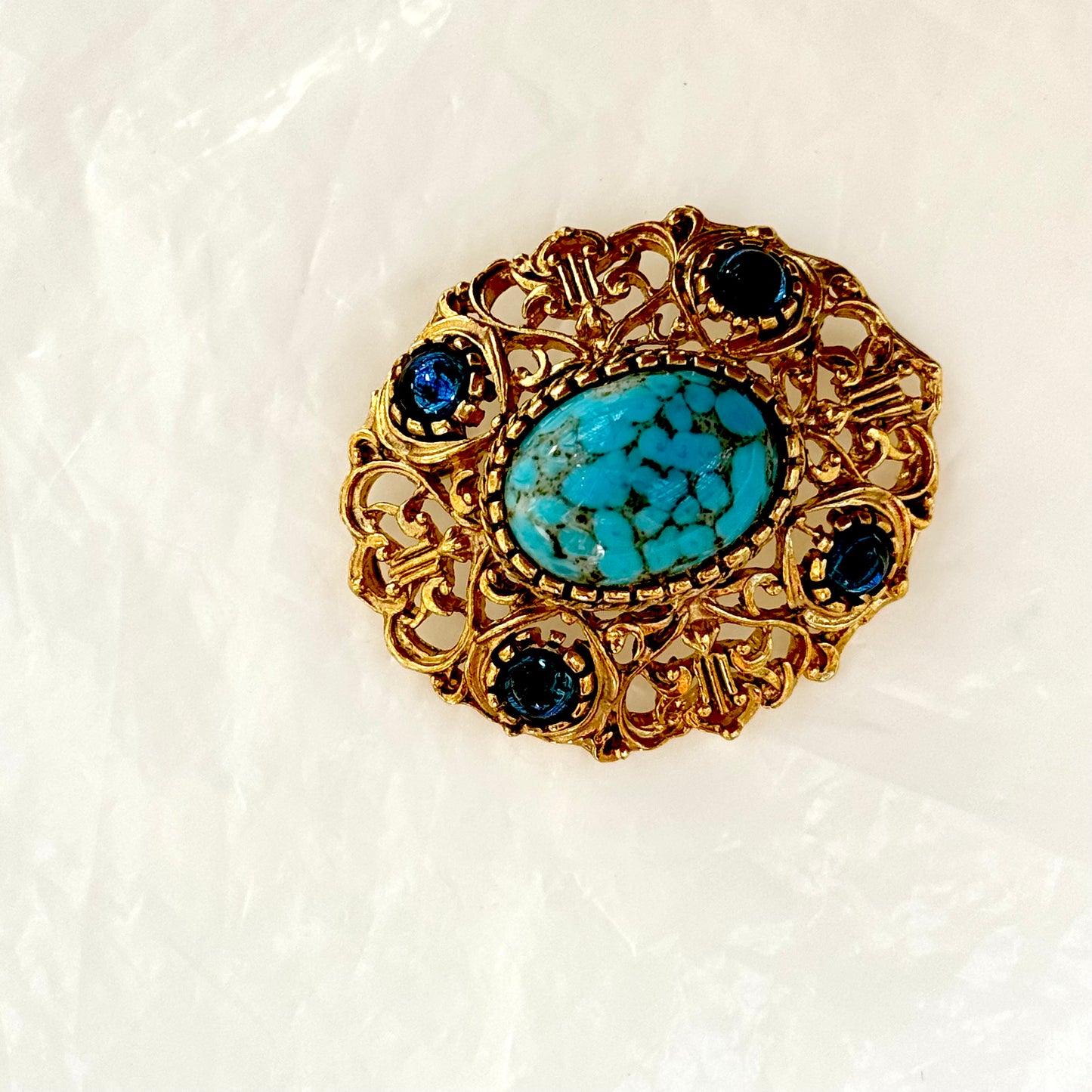 Incredible blue brooch, natural stone and glass cabochons, finely chiseled