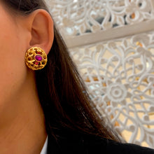 Load image into Gallery viewer, 80s round openwork earrings very beautiful golden purple glass paste