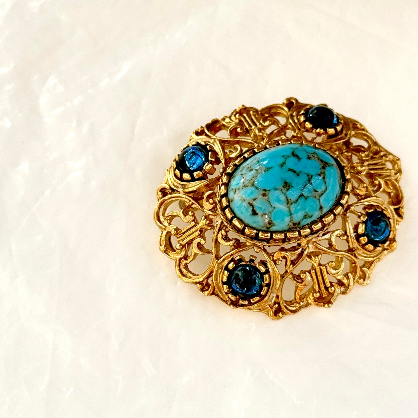 Incredible blue brooch, natural stone and glass cabochons, finely chiseled