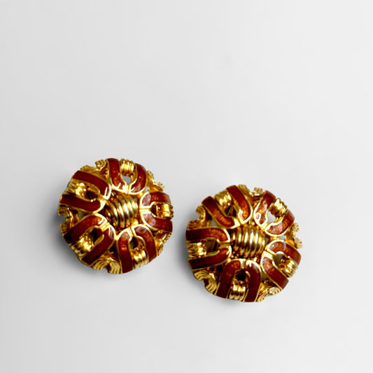 Round earrings geometric patterns, brown enamel signed Ungaro