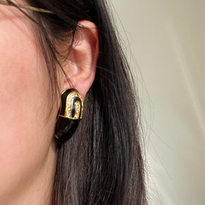 Gold and black enamel small diamond hoop earrings