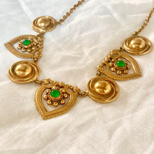 Load image into Gallery viewer, Vintage treasure necklace with 3 emerald cabochon hearts