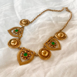 Vintage treasure necklace with 3 emerald cabochon hearts