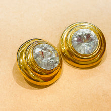 Load image in gallery, Round white diamond gold rimmed earrings