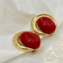Load image in gallery, Red cabochon earrings with gold rim