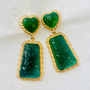 Masterpiece vintage heart and diamond green bottle earrings