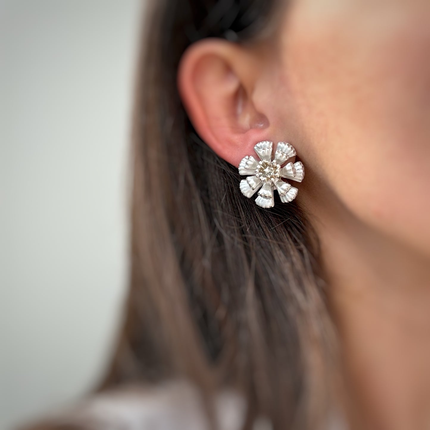 Beautiful silver flower earrings pearl finish