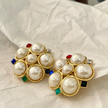 Load the image in the gallery, Big round earrings 5 ​​pearls red green blue diamonds