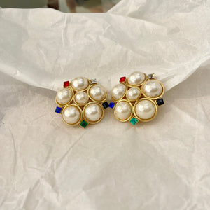 Large round earrings with 5 red green blue diamond beads