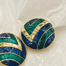 Load the image in the gallery, Round earrings green blue gold 80s