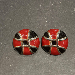 Red and black enamel round earrings