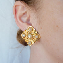 Load image into Gallery viewer, Chanel abstract golden square earrings with 5 Vintage white pearls from GIGI PARIS