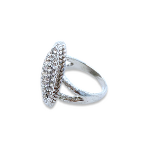 Silver triangular cabochon ring adorned with vintage fake white diamonds from GIGI PARIS