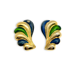 80s earrings stylized wings Irish green midnight blue