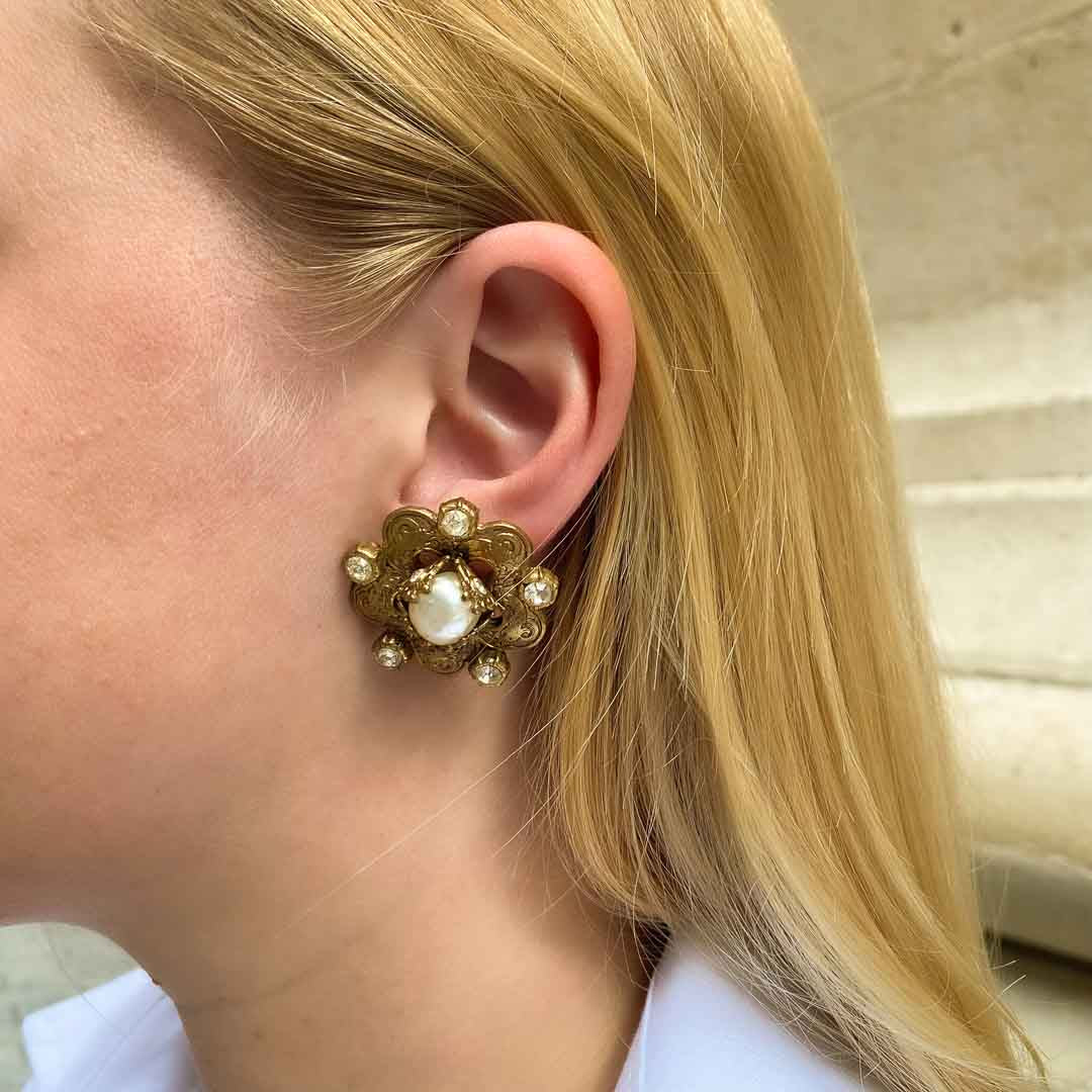 Chanel golden pearls, rhinestones and arabesques earrings in relief