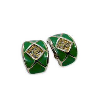 Vintage small green hoop earrings with 4 diamonds