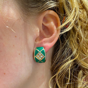 Boucles d'oreilles vintage petites créoles vertes 4 diamants