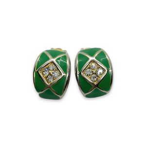 Vintage small green hoop earrings with 4 diamonds