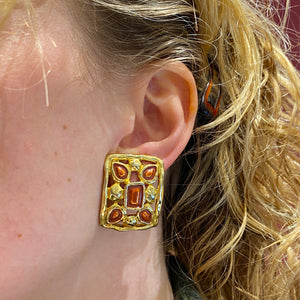 Vintage rectangular earrings with geometric patterns in orange resin