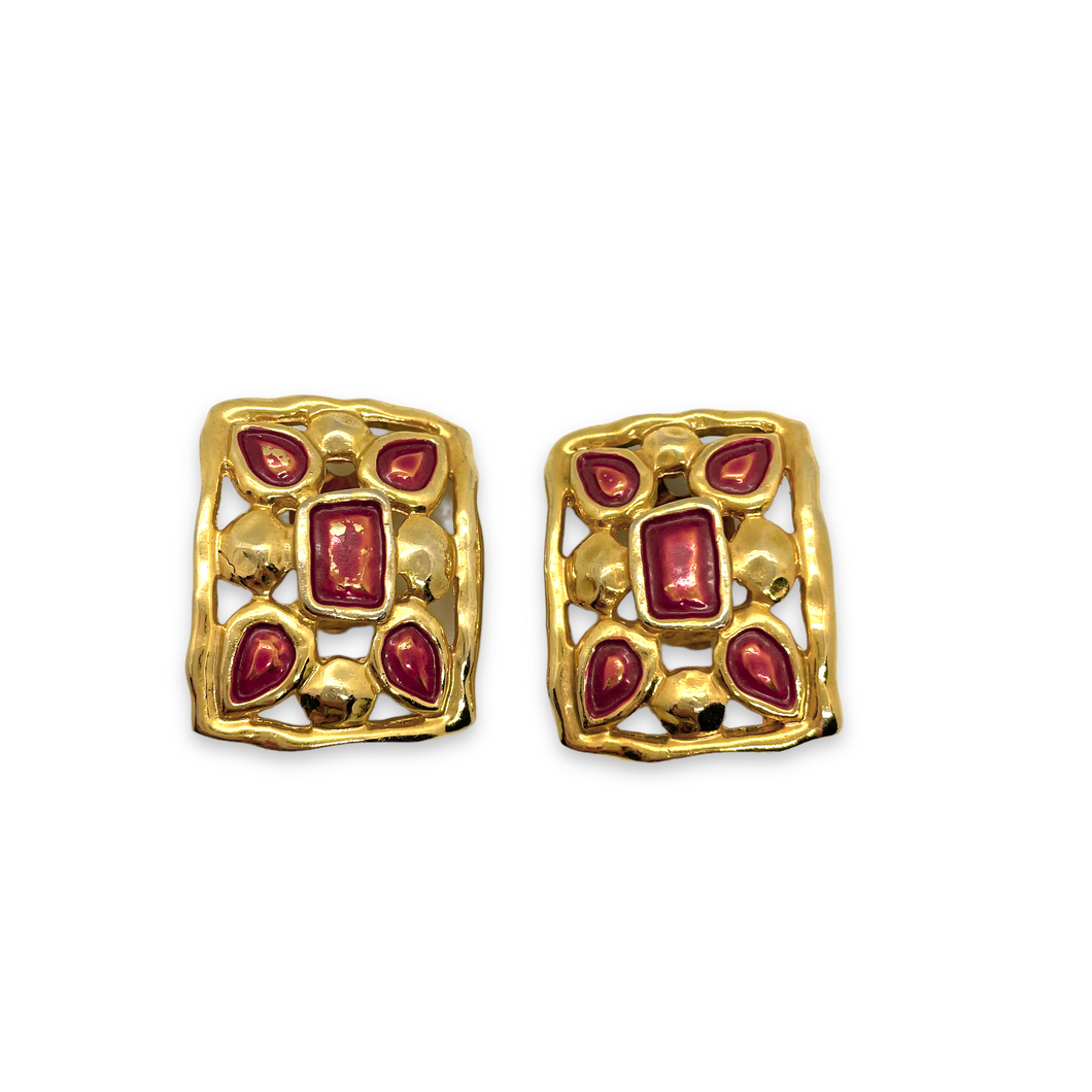 Boucles d'oreilles vintage rectangulaires motifs géométriques résines orangées