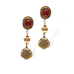 Dangling earrings red stone pearl and diamonds