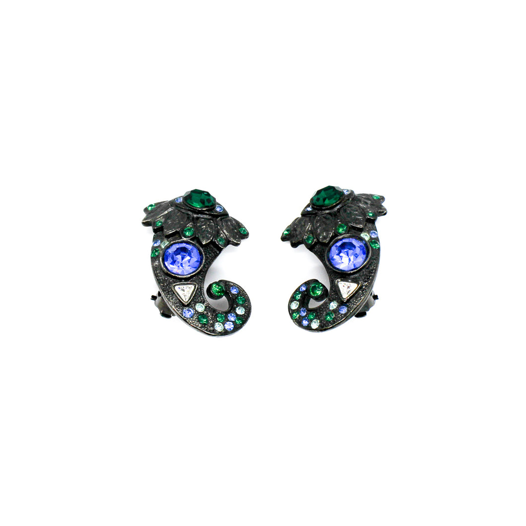 Boucles d'oreilles Jean-Louis Scherrer argentées strass verts et bleus vintage de chez GIGI PARIS