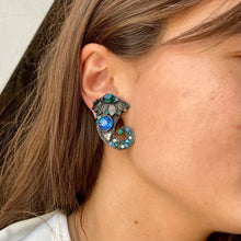 Load image into Gallery viewer, Vintage silver Jean-Louis Scherrer earrings with green and blue rhinestones from GIGI PARIS