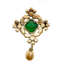 Load the image in the gallery, Brooch with green, orange and white stones with vintage pearl tassel from GIGI PARIS