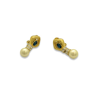Blue diamond earrings and vintage pendnate pearls from GIGI PARIS