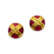 Load the image in the gallery, Round cardinal earrings red resin glittery golden cross