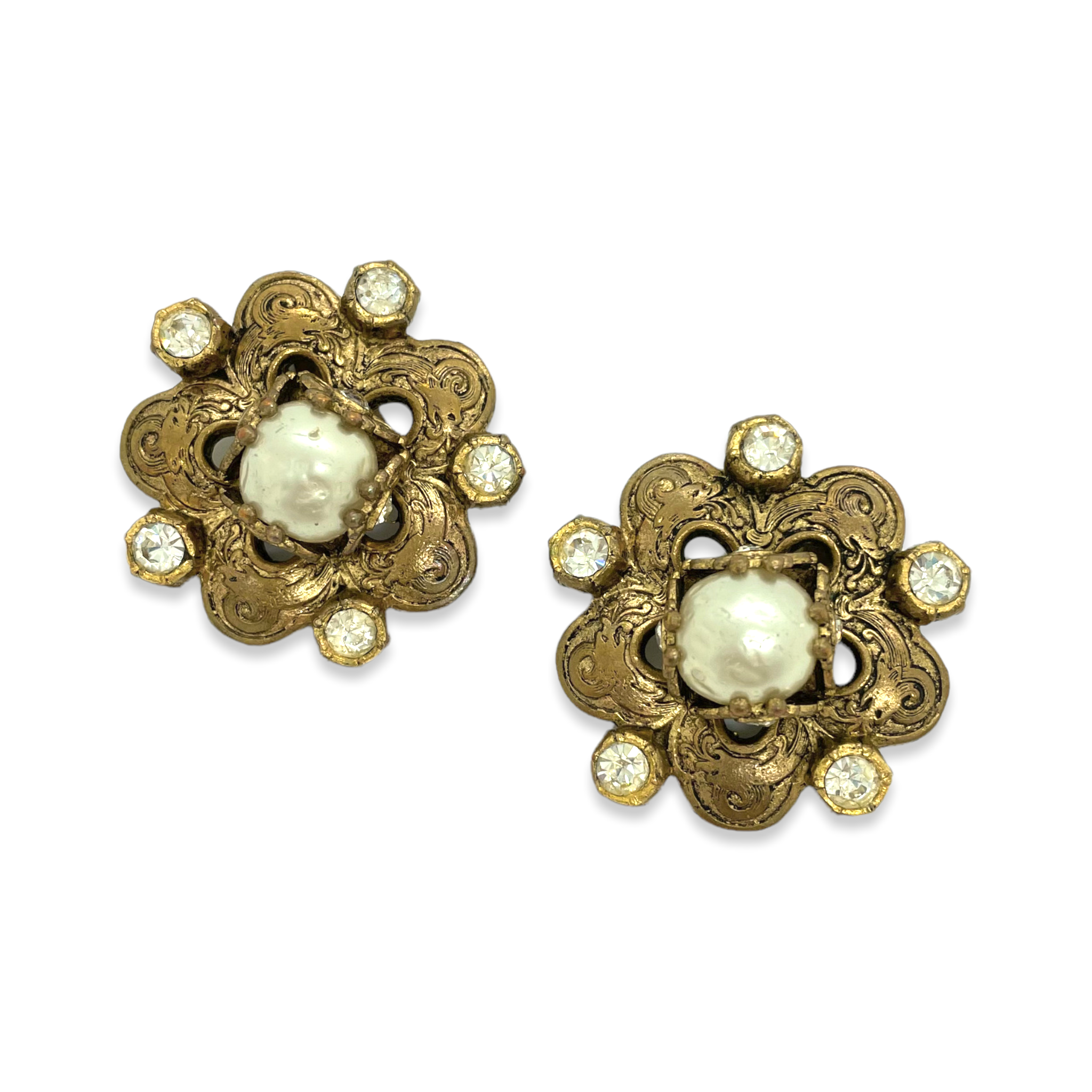 Chanel golden pearls, rhinestones and arabesques earrings in relief