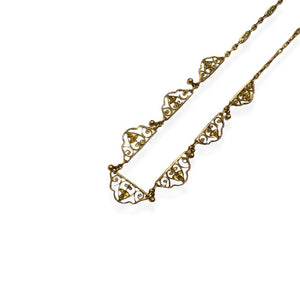 Patinated convict mesh necklace 7 small pennants filled with arabesques and golden pearl pendants