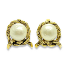 Load the image in the gallery, Round white pearl earrings slightly marked and encircled with a knotted golden cord Vintages from GIGI PARIS
