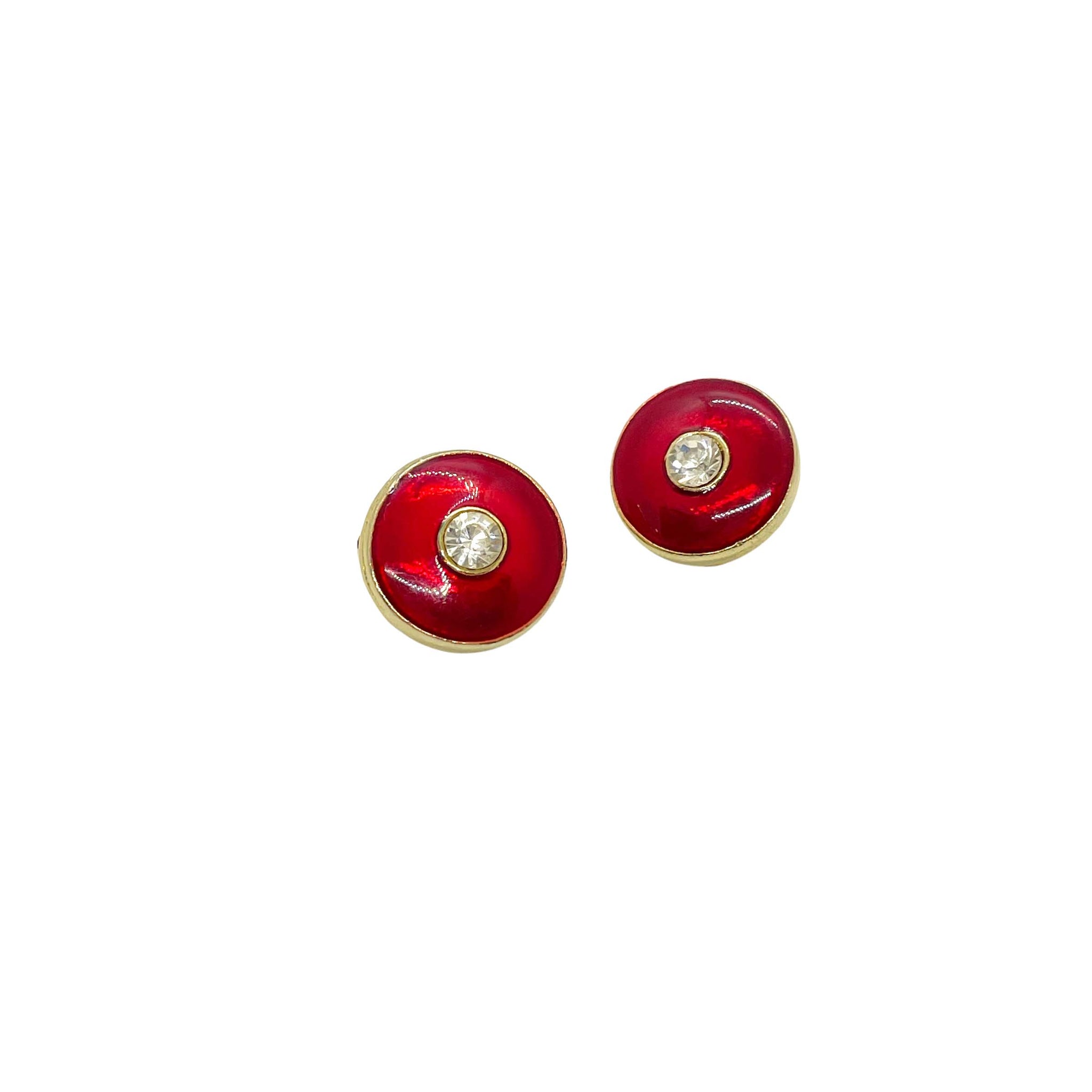 Boucles d'oreilles rondes dorées, rouges et pierre blanche vintage de chez GIGI PARIS