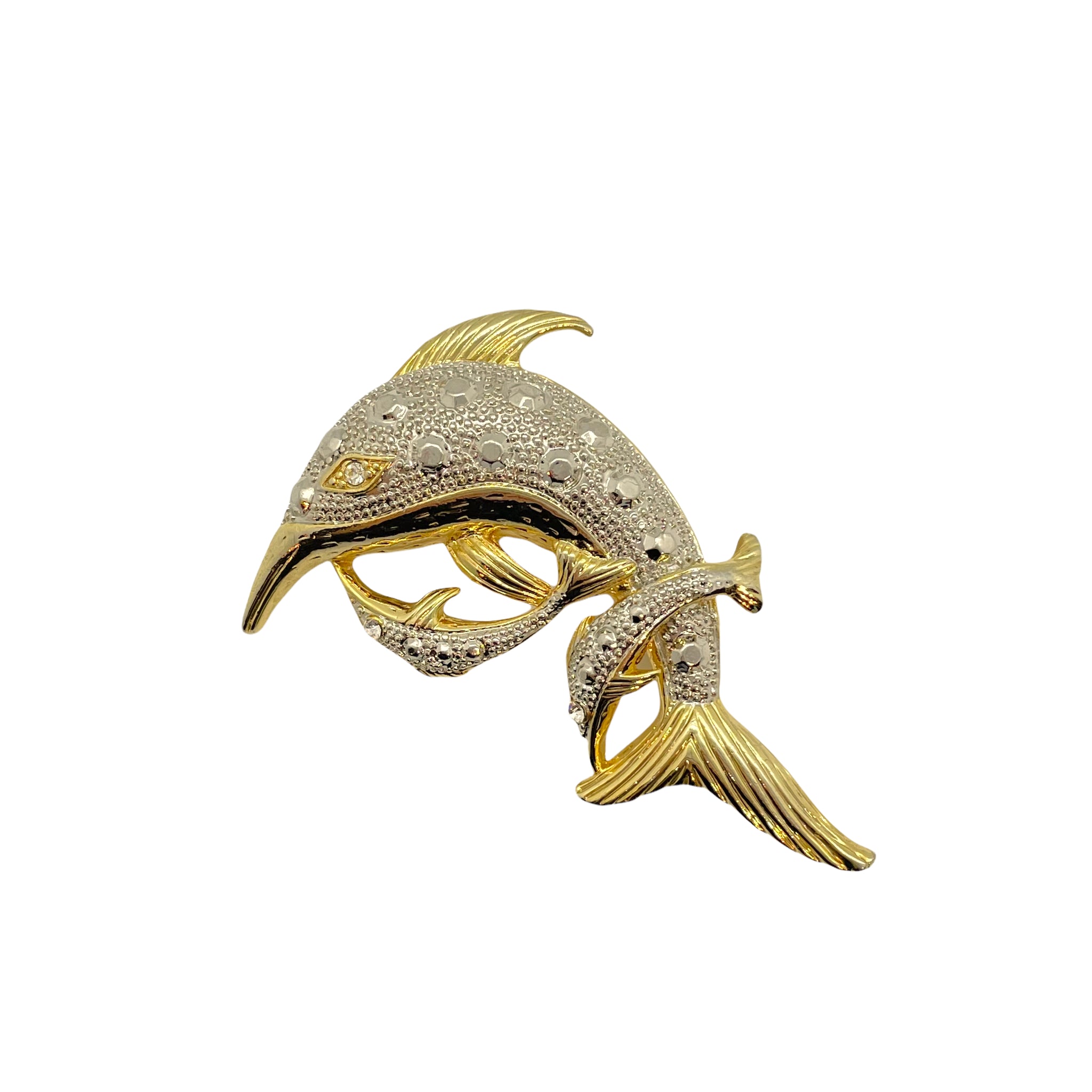 Broche dorée dauphins ornée de pierre blanche vintage de chez GIGI PARIS